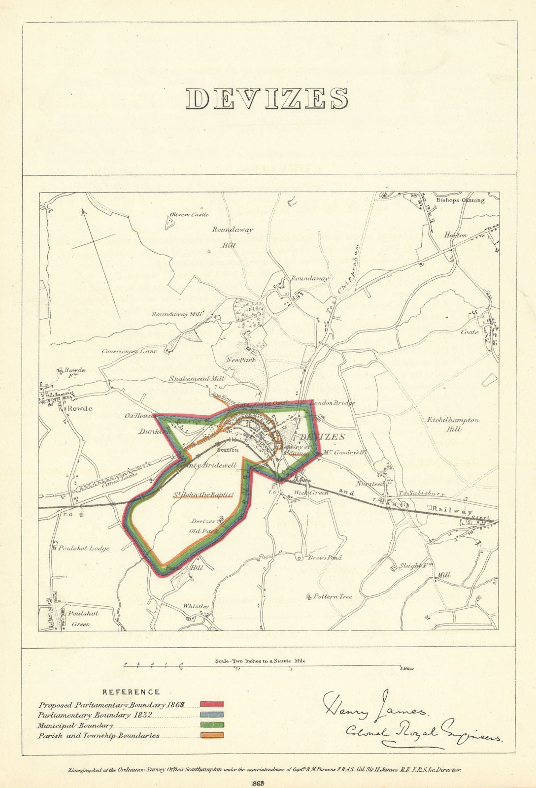 Devizes, Wiltshire. JAMES. Parliamentary Boundary Commission 1868 old map